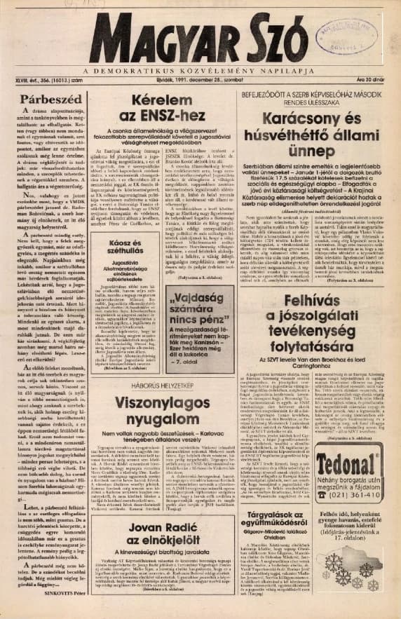 Magyar Szó, 48. évf. 1991. december 28. 356. sz. 1–20. oldal