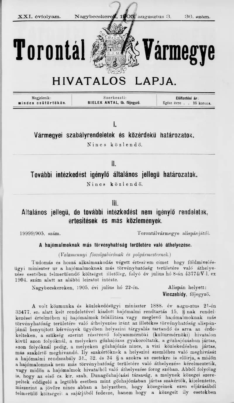 Torontál Vármegye Hivatalos Lapja, 21. évf. 1905. augusztus 3. 36. sz.
