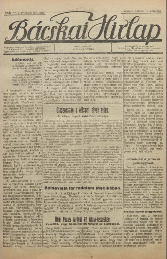 Bácskai Hirlap, 24. évf. 1920. október 3. 164. sz.