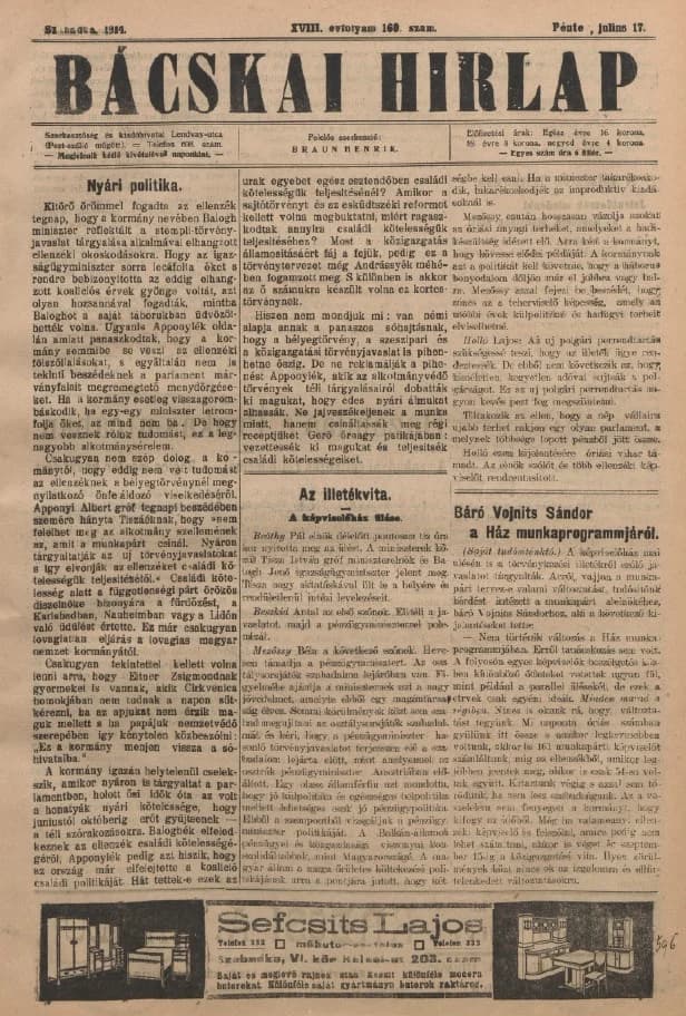 Bácskai Hirlap, 18. évf. 1914. július 17. 160. sz.