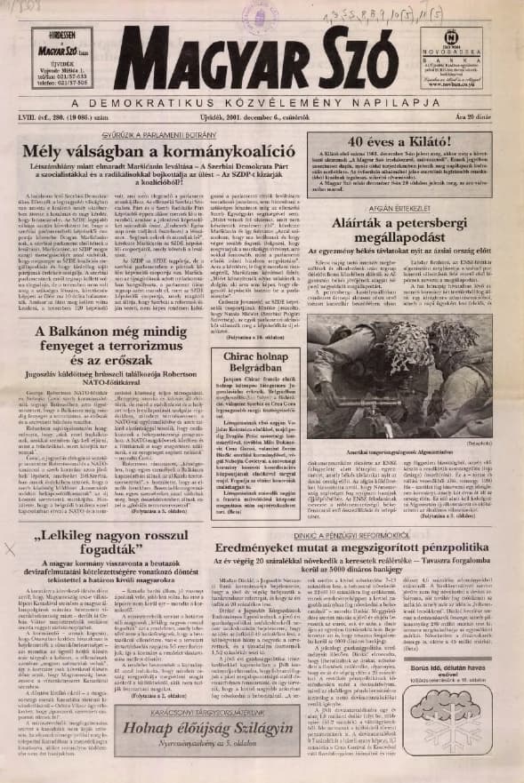 Magyar Szó, 58. évf. 2001. december 6. 280. sz. 1–16. oldal