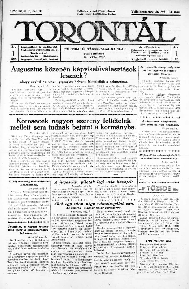 Torontál, 56. évf. 1927. május 6. 104. sz.