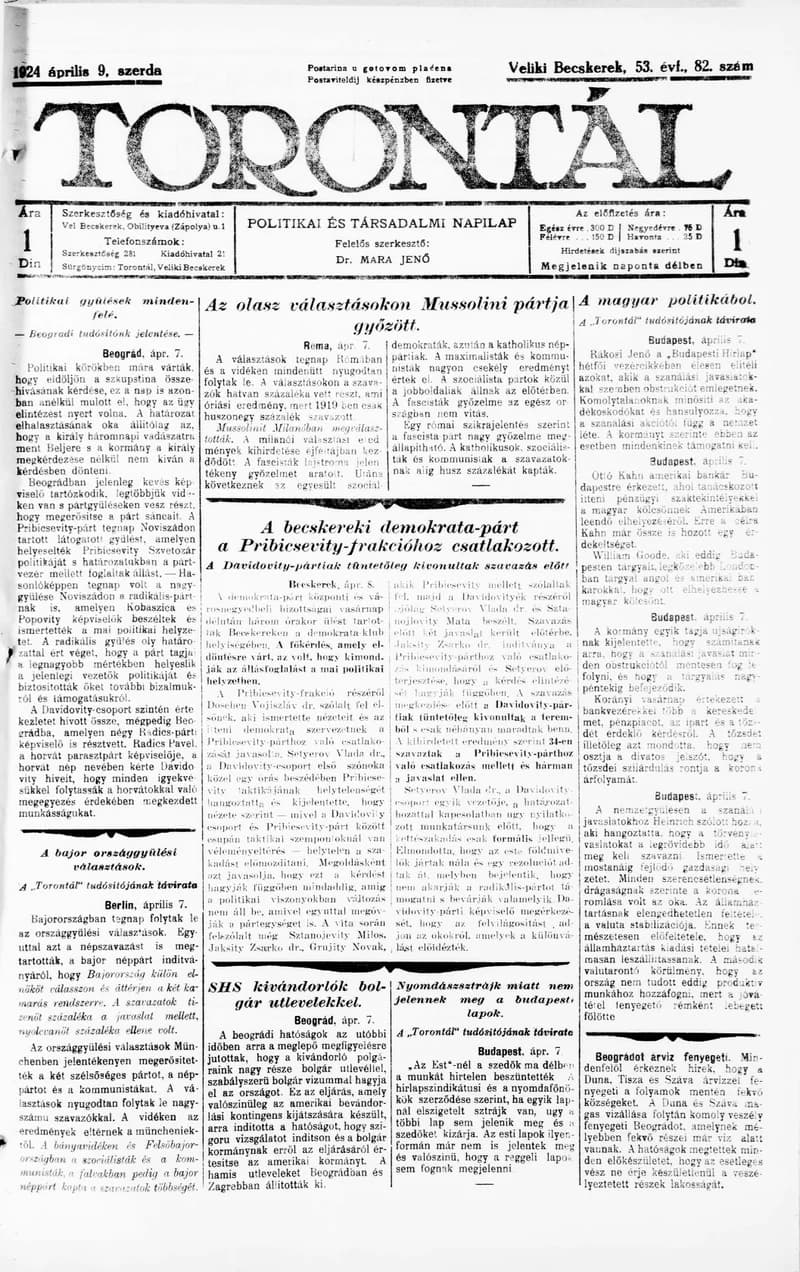 Torontál, 53. évf. 1924. április 9. 82. sz.