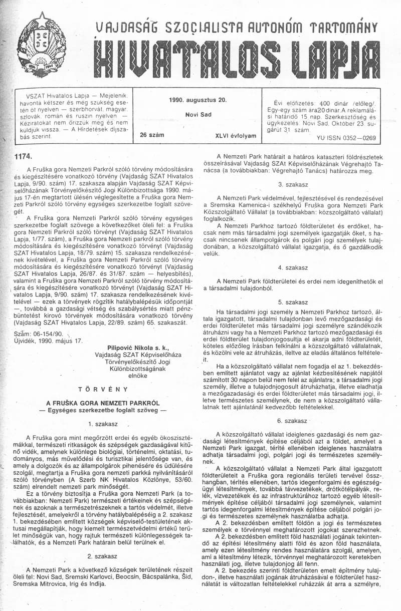 Vajdaság Szocialista Autonóm Tartomány Hivatalos Lapja, 46. évf. 1990. augusztus 20. 26. sz.