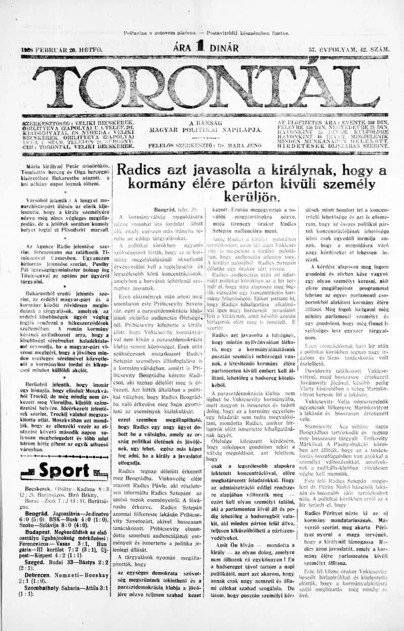 Torontál, 57. évf. 1928. február 20. 42. sz.