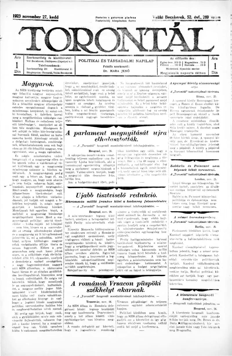 Torontál, 52. évf. 1923. november 27. 269. sz.