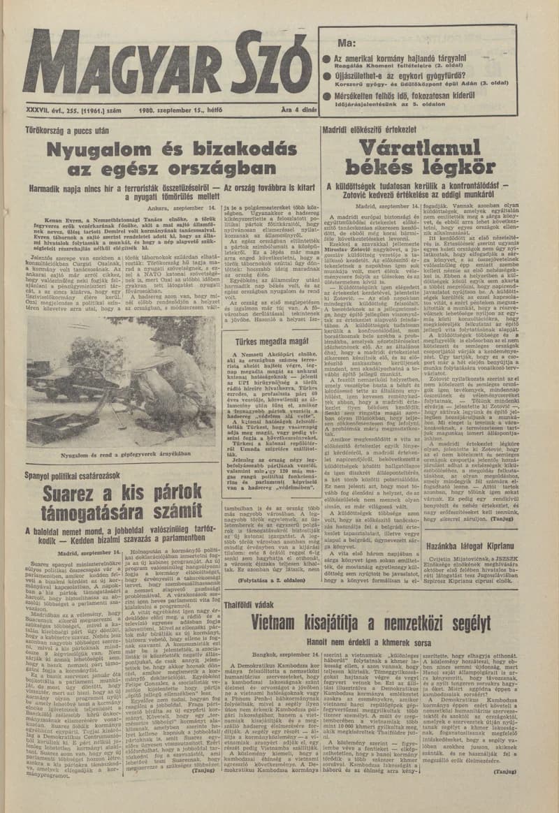 Magyar Szó, 37. évf. 1980. szeptember 15. 255. sz. 1–16. oldal