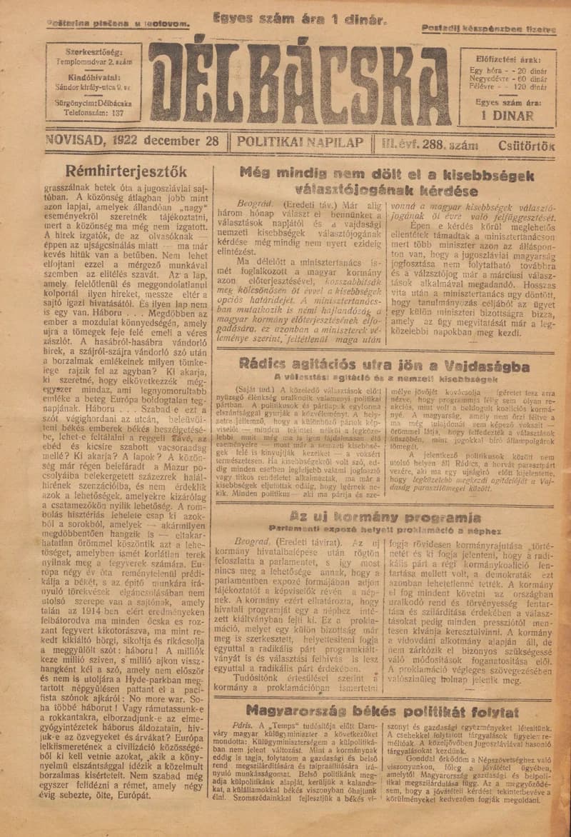 Délbácska, 3. évf. 1922. december 28. 288. sz.