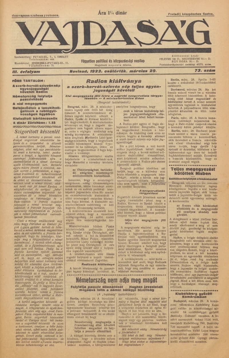 Vajdaság, 3. évf. 1923. március 29. 73. sz.