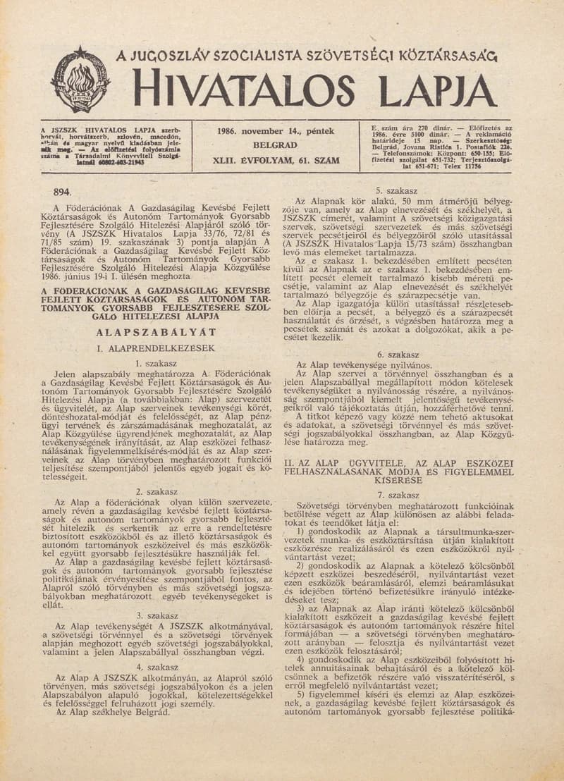 A Jugoszláv Szocialista Szövetségi Köztársaság Hivatalos Lapja, 42. évf. 1986. november 14. 61. sz. 1761–1796. oldal