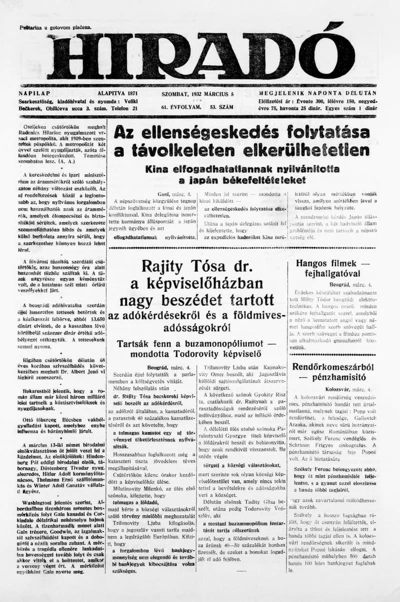 Híradó, 61. évf. 1932. március 5. 53. sz.