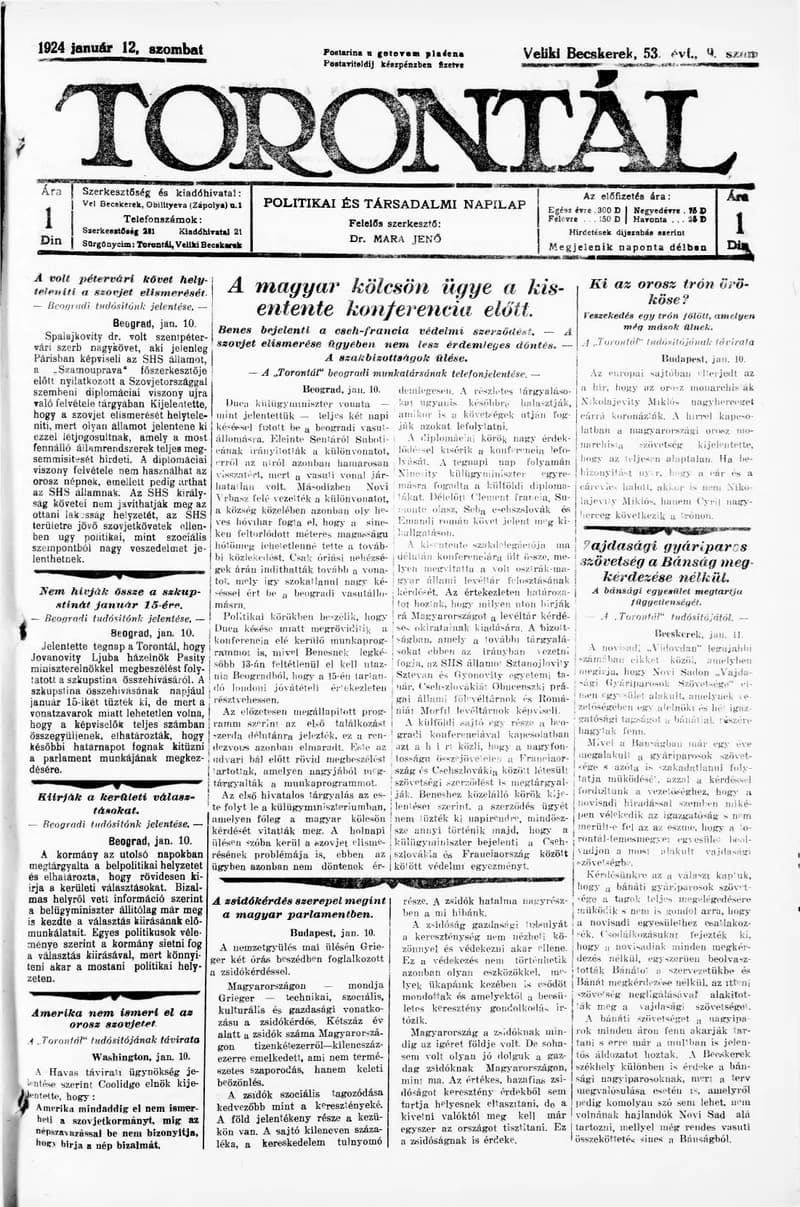 Torontál, 53. évf. 1924. január 12. 9. sz.