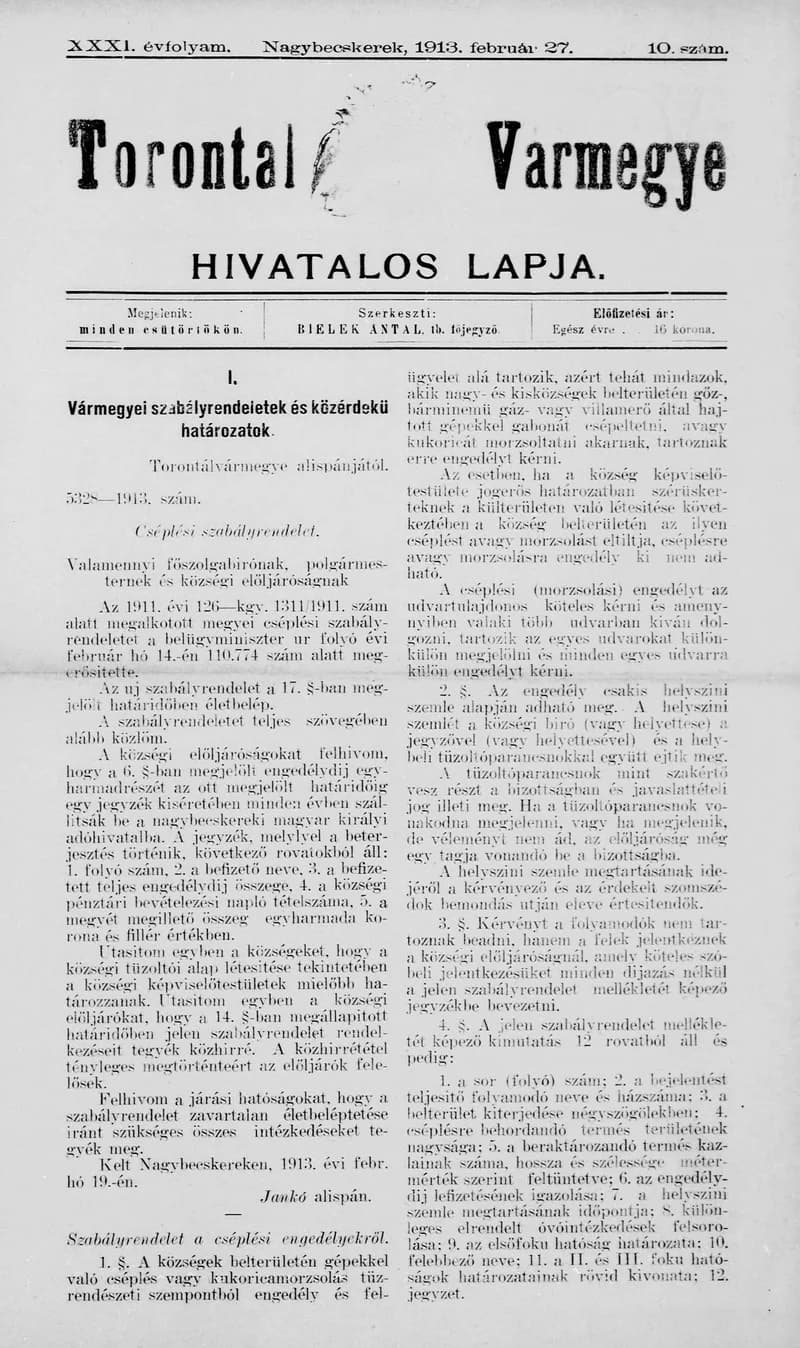 Torontál Vármegye Hivatalos Lapja, 29. évf. 1913. február 27. 10. sz.