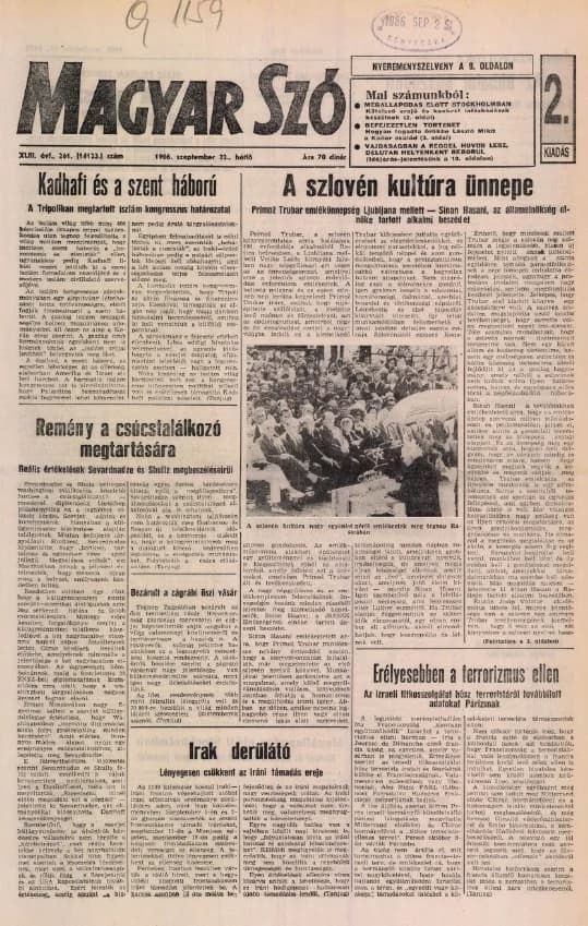 Magyar Szó, 43. évf. 1986. szeptember 22. 261. sz. 1–20. oldal