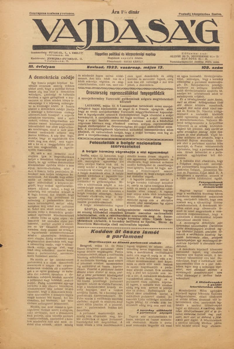 Vajdaság, 3. évf. 1923. május 13. 109. sz.