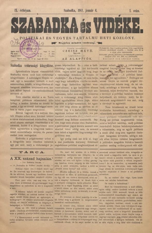 Szabadka és vidéke II, 9. évf. 1901. január 6. 1. sz.