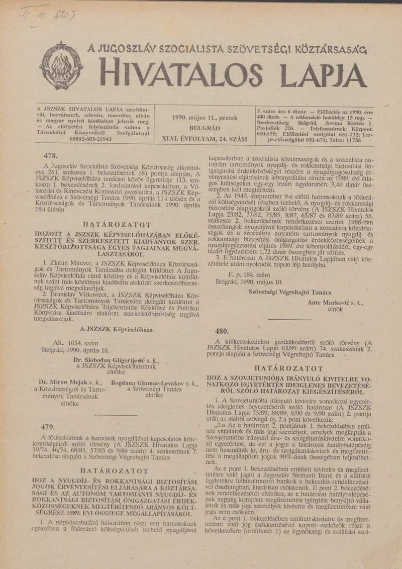A Jugoszláv Szocialista Szövetségi Köztársaság Hivatalos Lapja, 46. évf. 1990. május 11. 24. sz. 905–928. oldal