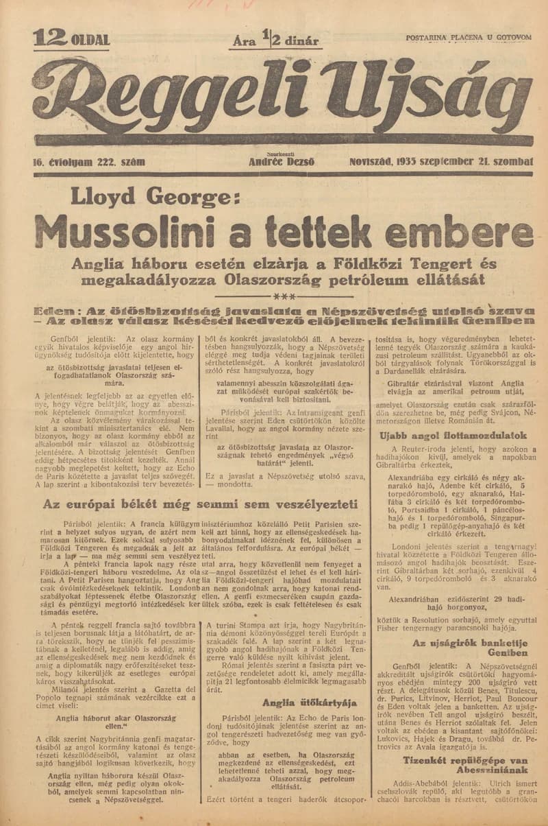 Reggeli Újság, 16. évf. 1935. szeptember 21. 222. sz.