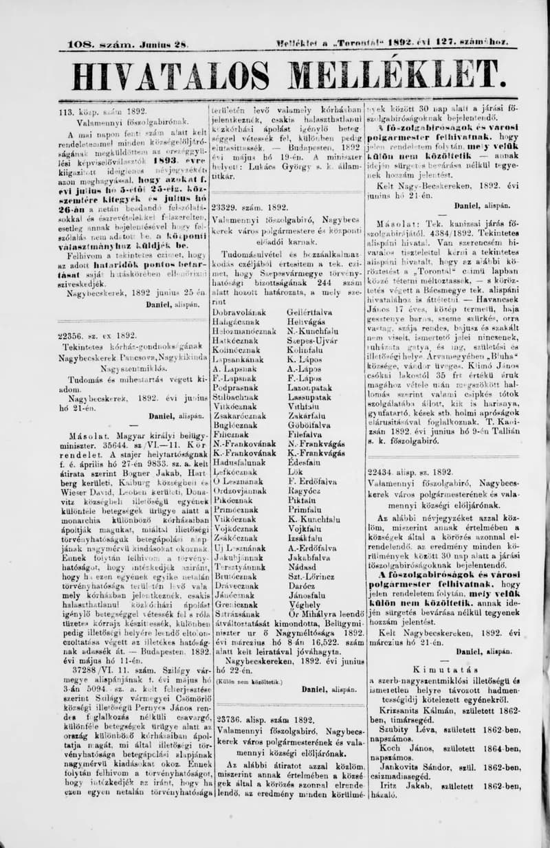 A Totontál  hivatalos melléklete, 5. évf. 1892. június 28. 108. sz.