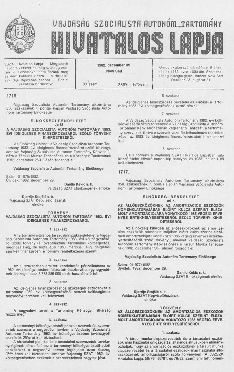 Vajdaság Szocialista Autonóm Tartomány Hivatalos Lapja, 38. évf. 1982. december 30. 39. sz.