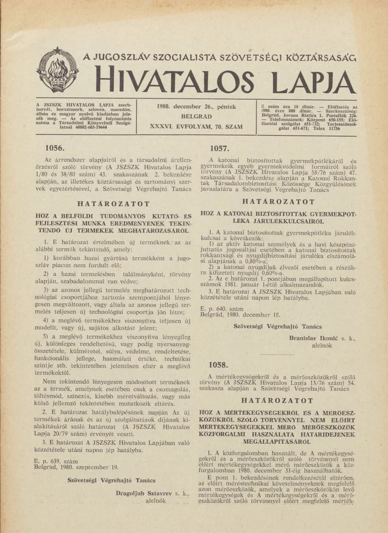 A Jugoszláv Szocialista Szövetségi Köztársaság Hivatalos Lapja, 36. évf. 1980. december 26. 70. sz. 1969–2016. oldal