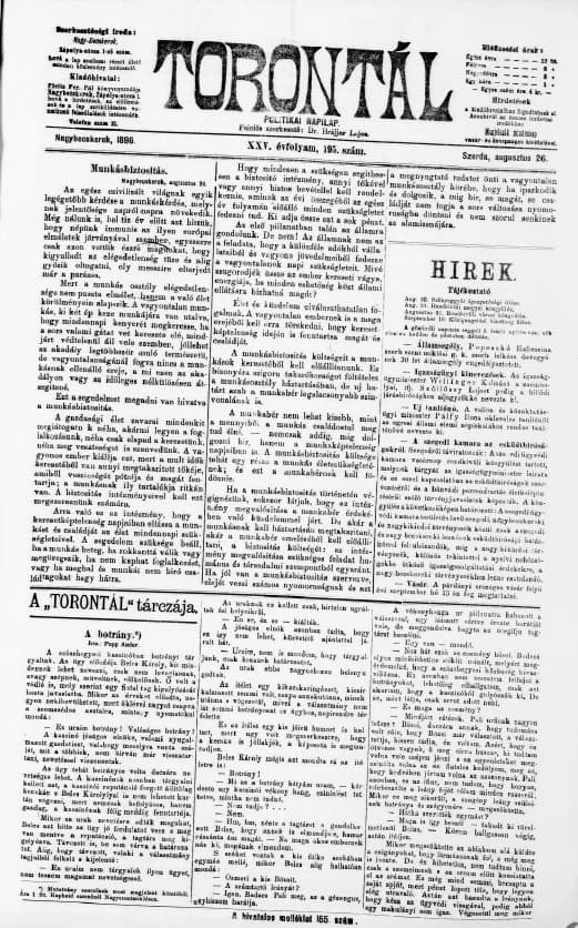 Torontál, 25. évf. 1896. augusztus 26. 195. sz.