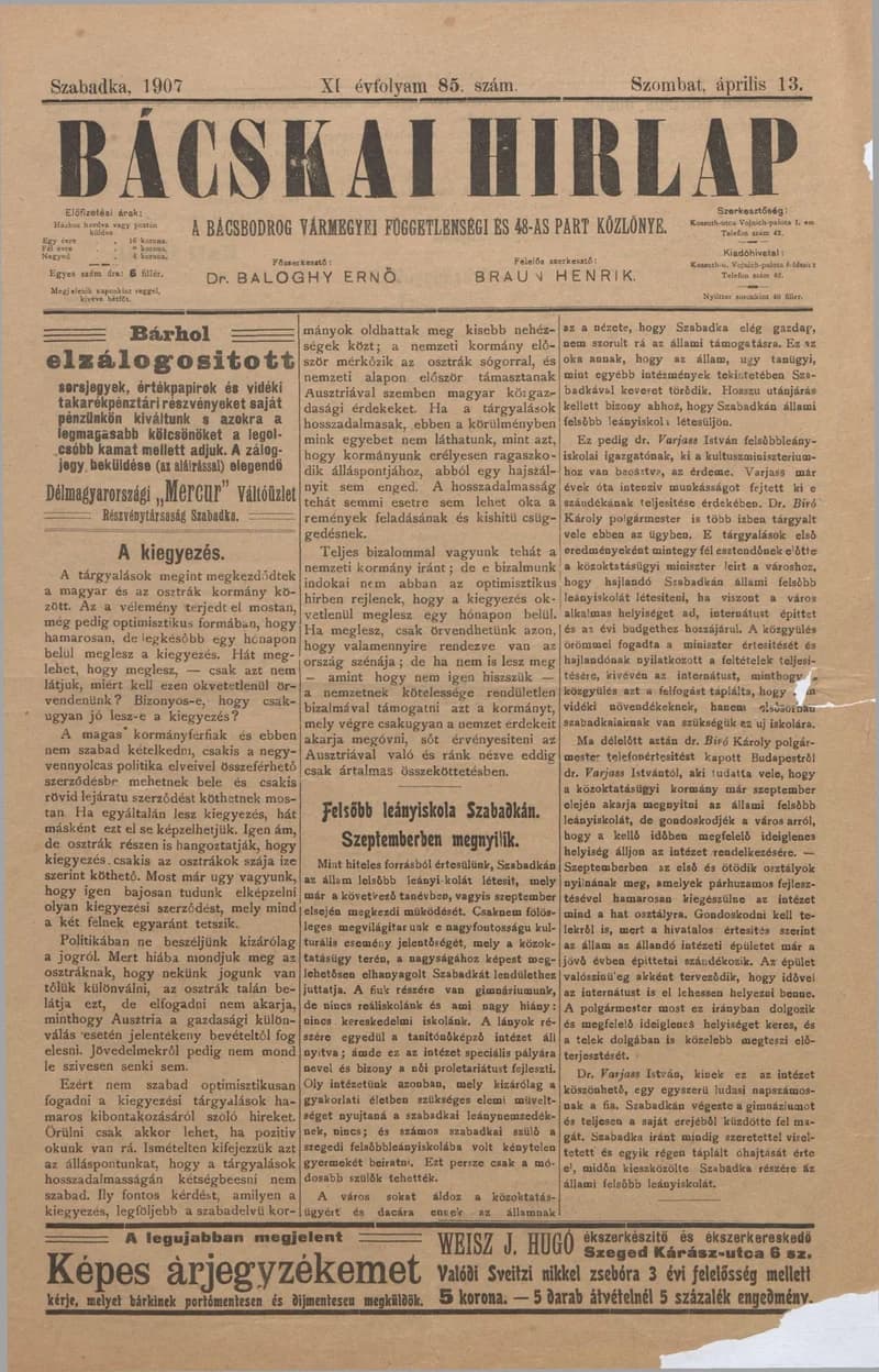 Bácskai Hirlap, 11. évf. 1907. április 13. 85. sz.