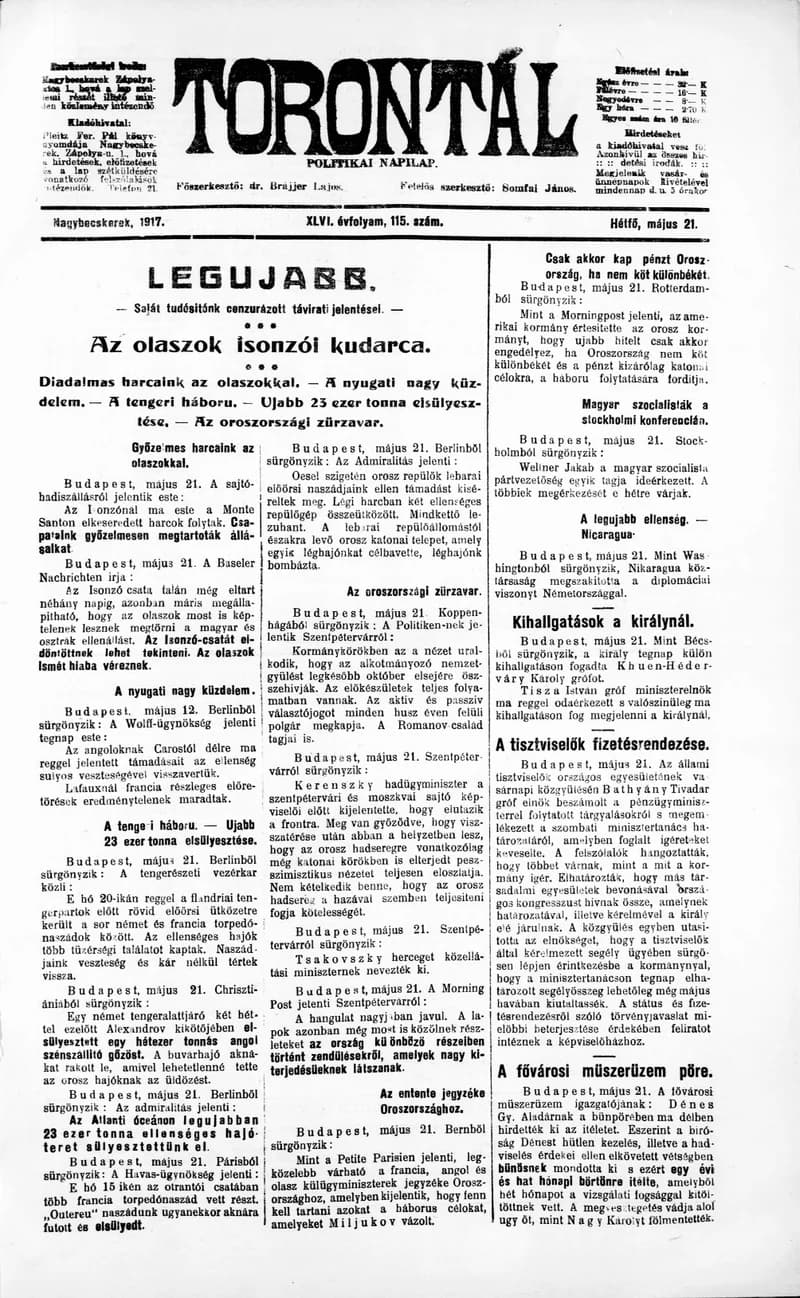 Torontál, 46. évf. 1917. május 21. 115. sz.