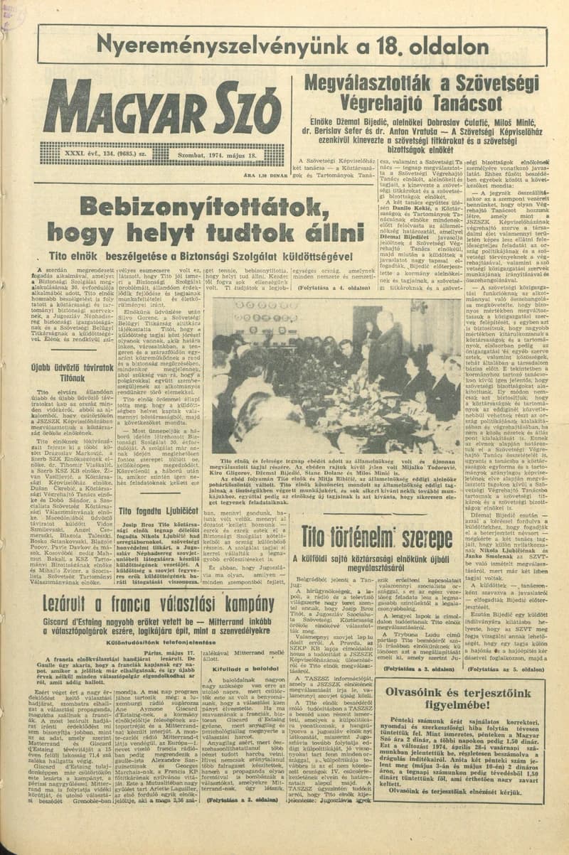 Magyar Szó, 31. évf. 1974. május 18. 134. sz. 1–20. oldal