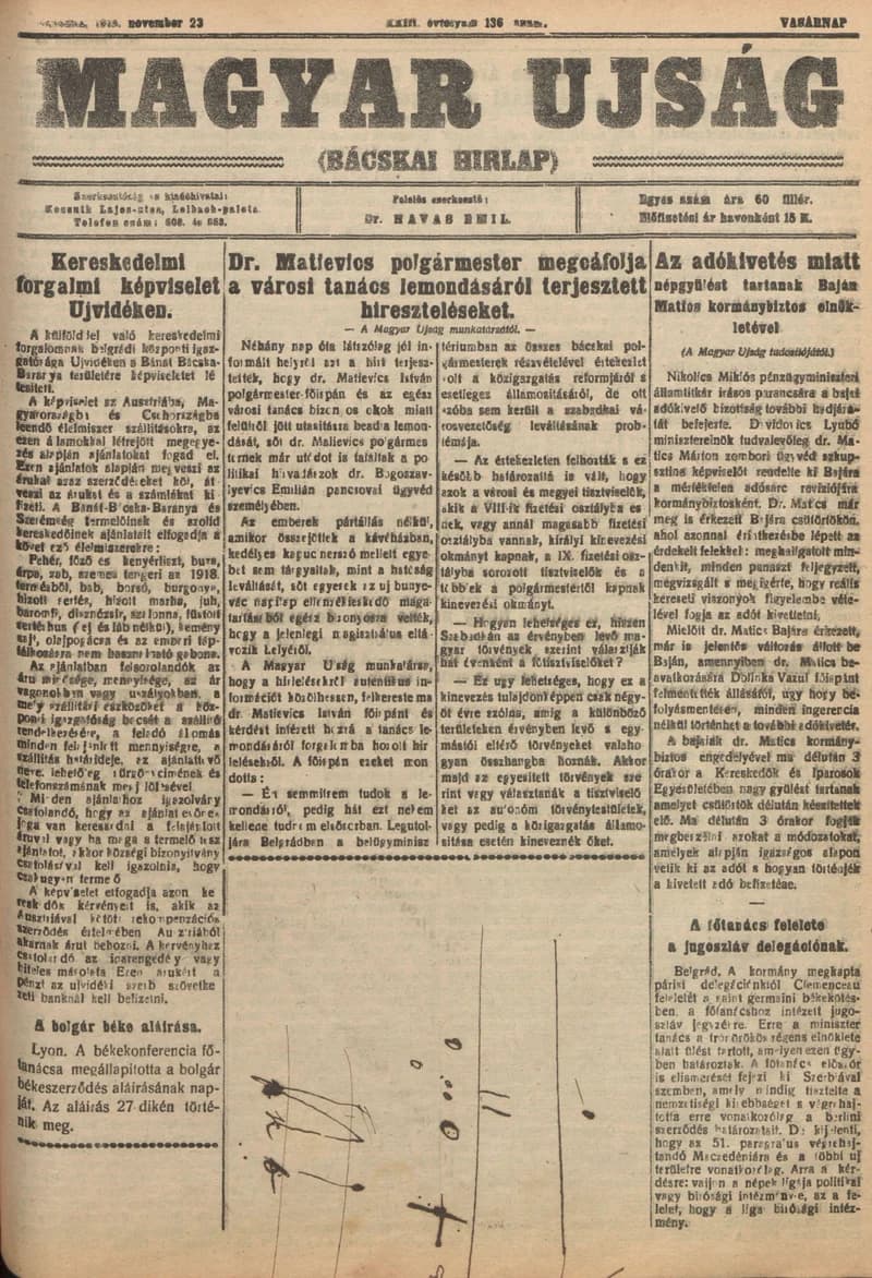 Bácskai Hirlap, 23. évf. 1919. november 23. 136. sz.