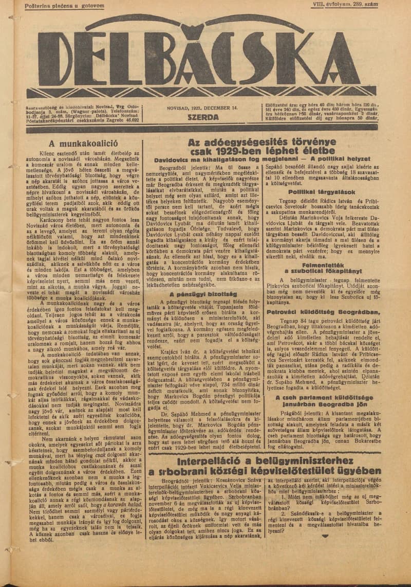 Délbácska, 8. évf. 1927. december 14. 289. sz.