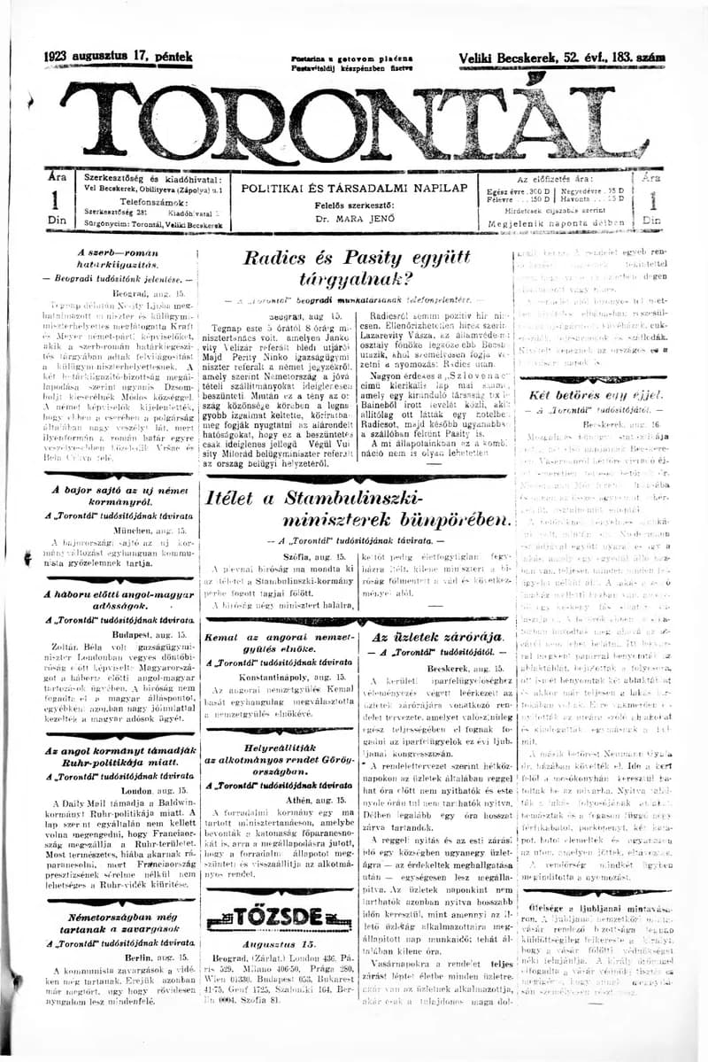 Torontál, 52. évf. 1923. augusztus 17. 183. sz.