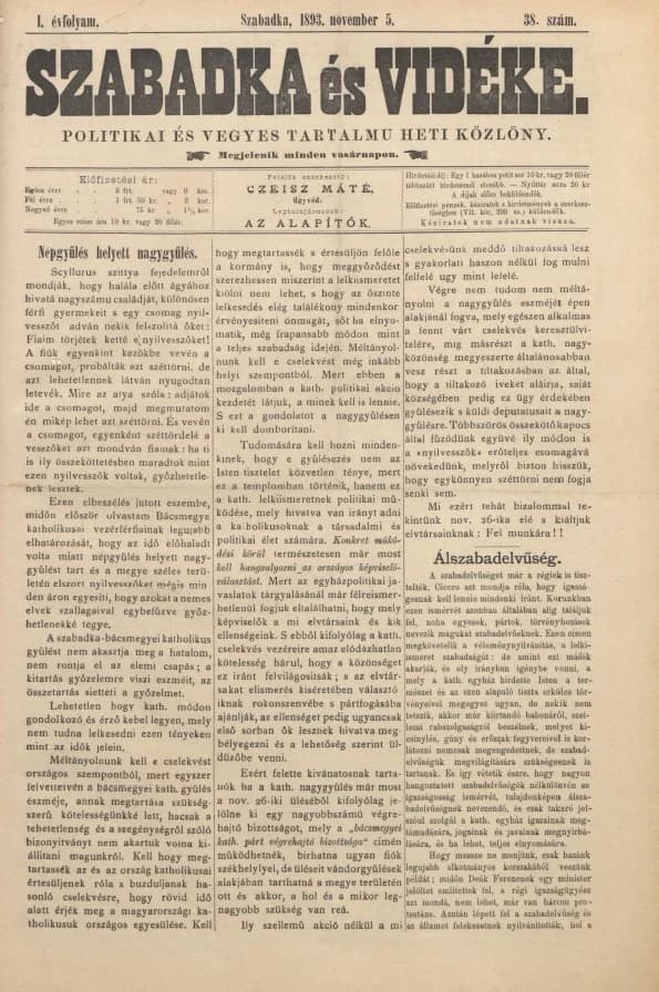 Szabadka és vidéke II, 1. évf. 1893. november 5. 38. sz.