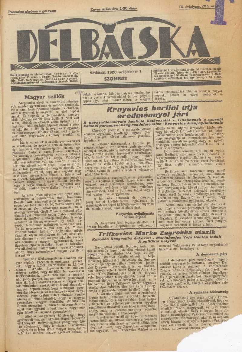 Délbácska, 9. évf. 1928. szeptember 1. 204. sz.