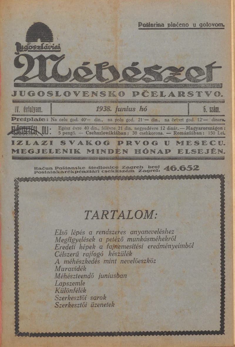 Jugoszláviai méhészet, 4. évf. 1938. június 1. 6. sz.