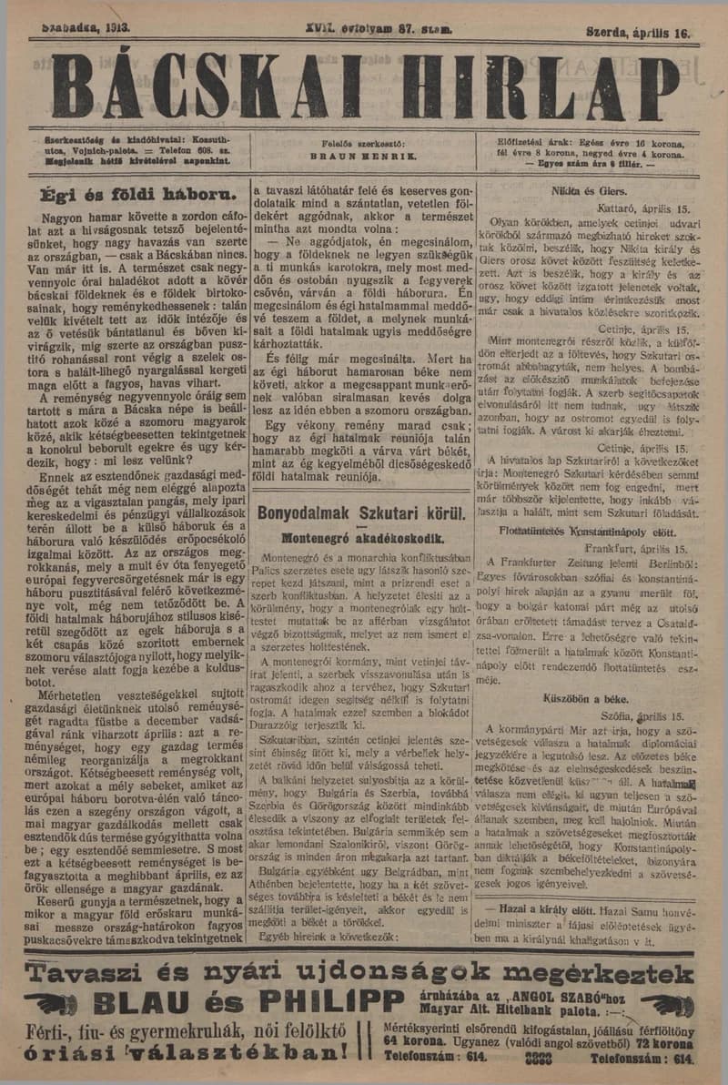 Bácskai Hirlap, 17. évf. 1913. április 16. 87. sz.