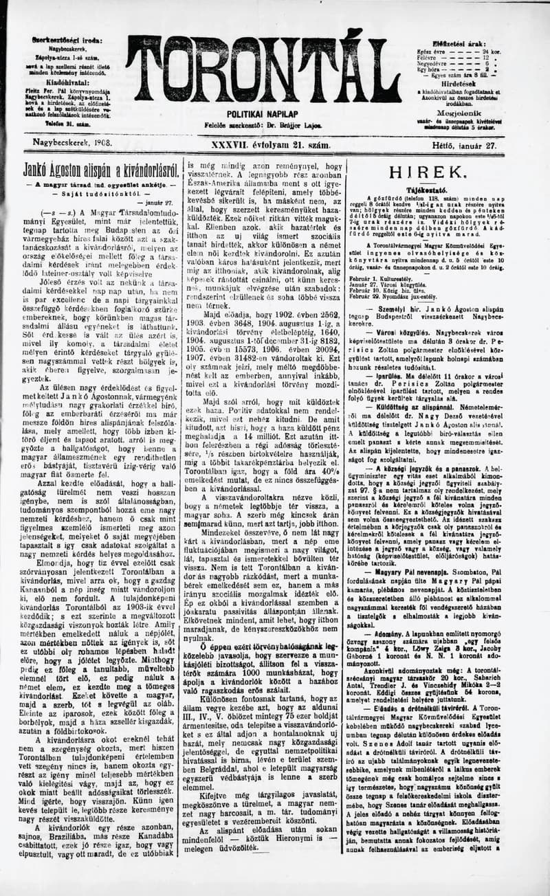 Torontál, 37. évf. 1908. január 27. 21. sz.