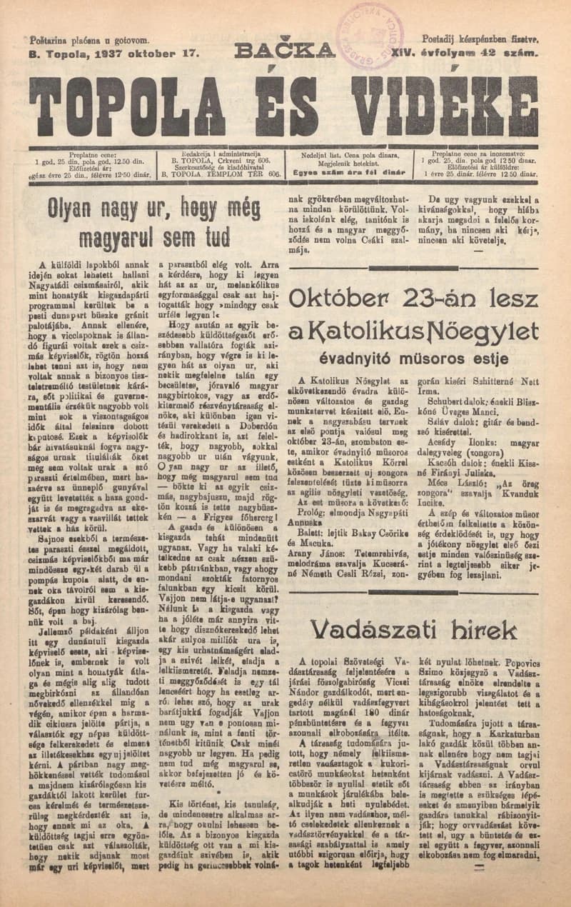 Bačka Topola és Vidéke, 14. évf. 1937. október 17. 42. sz.