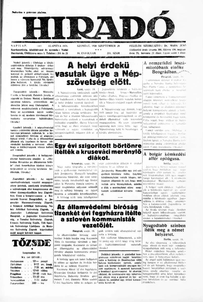 Híradó, 59. évf. 1930. szeptember 20. 218. sz.