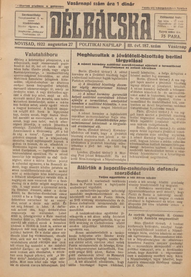 Délbácska, 3. évf. 1922. augusztus 27. 187. sz.