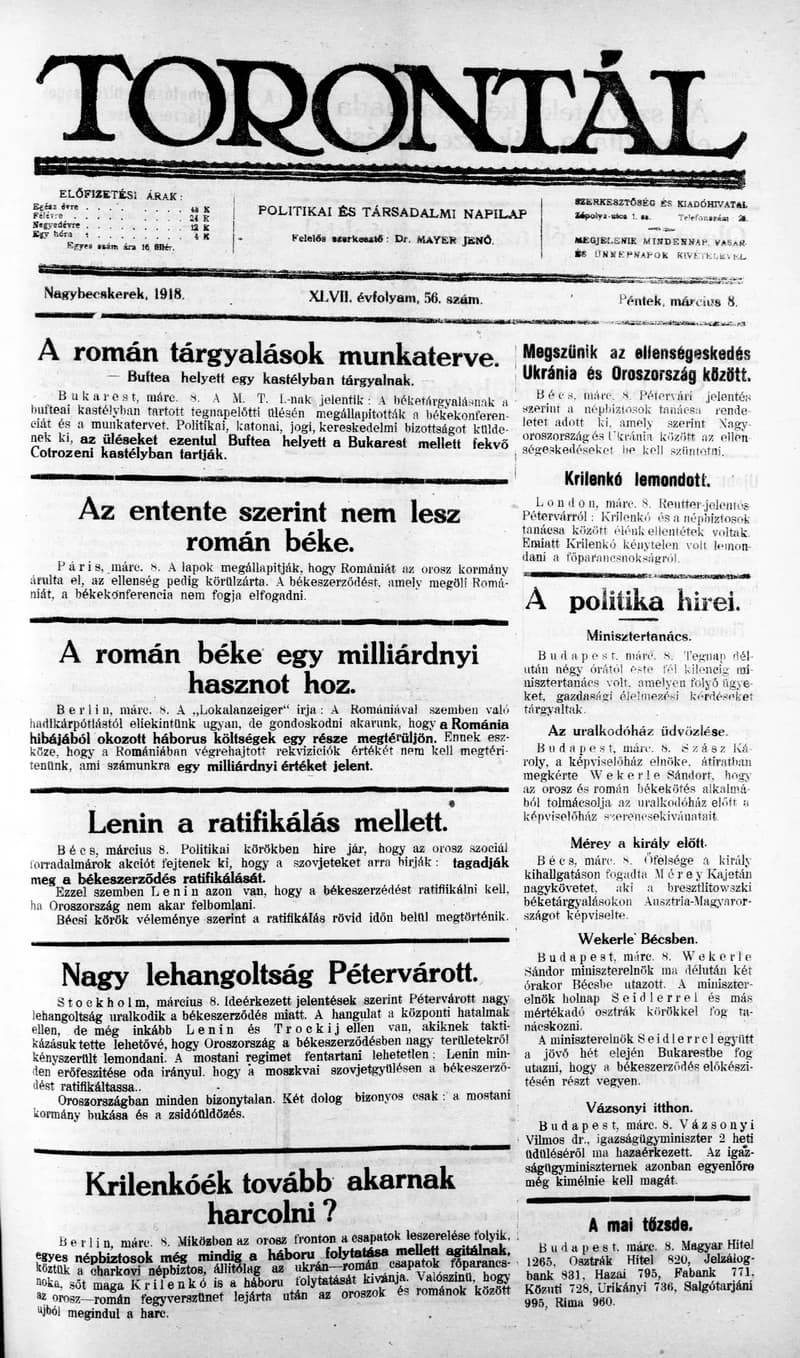 Torontál, 47. évf. 1918. március 8. 56. sz.