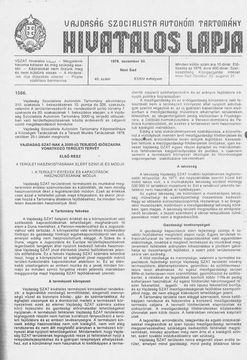 Vajdaság Szocialista Autonóm Tartomány Hivatalos Lapja, 34. évf. 1978. december 30. 40. sz. 1885–1932. oldal