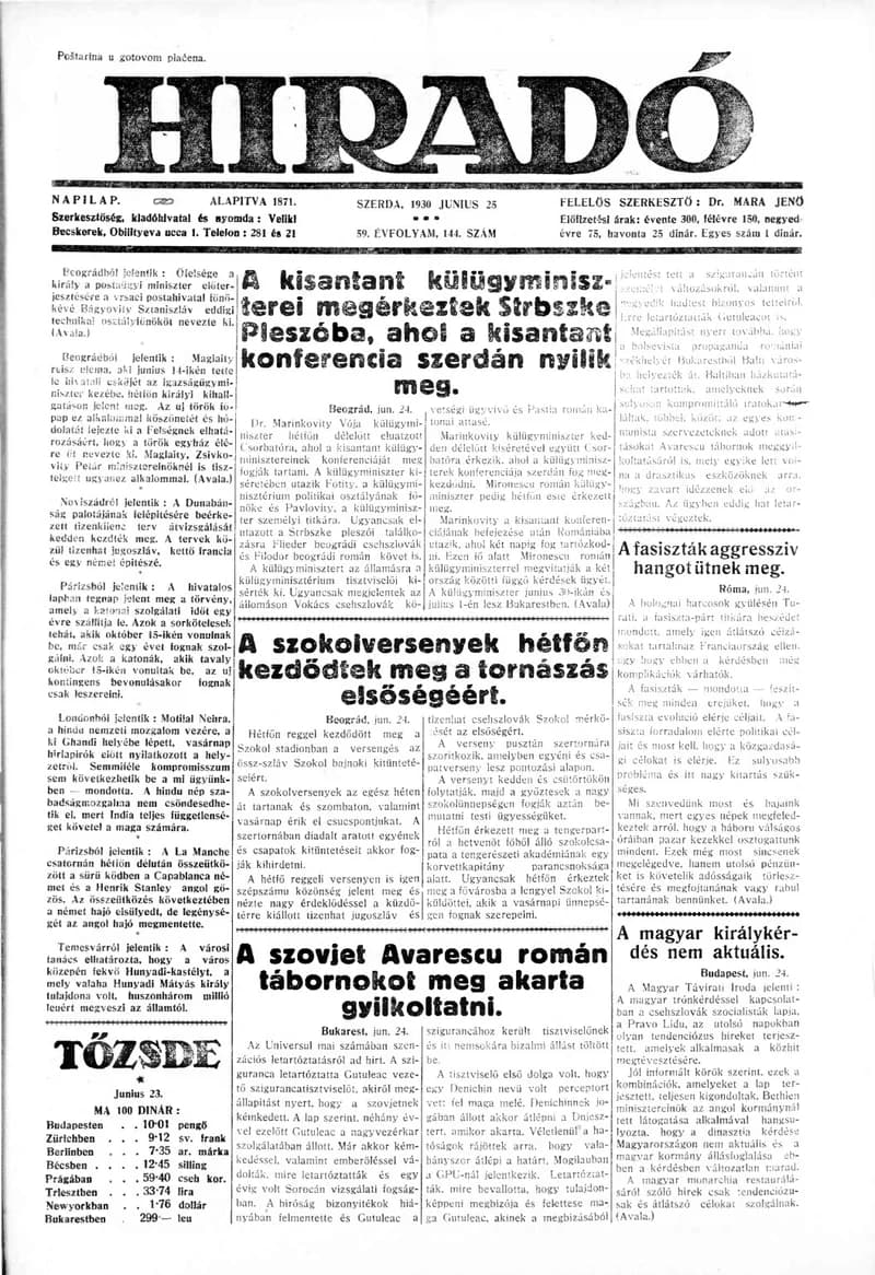 Híradó, 59. évf. 1930. június 25. 144. sz.