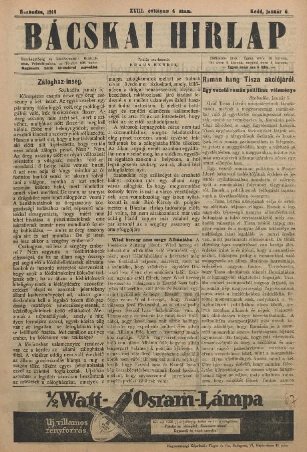 Bácskai Hirlap, 18. évf. 1914. január 6. 4. sz.