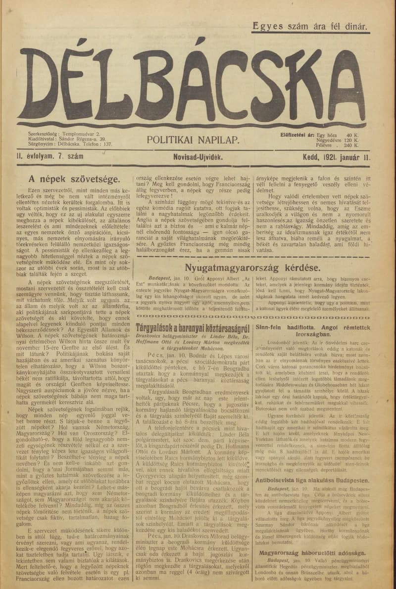 Délbácska, 2. évf. 1921. január 11. 7. sz.
