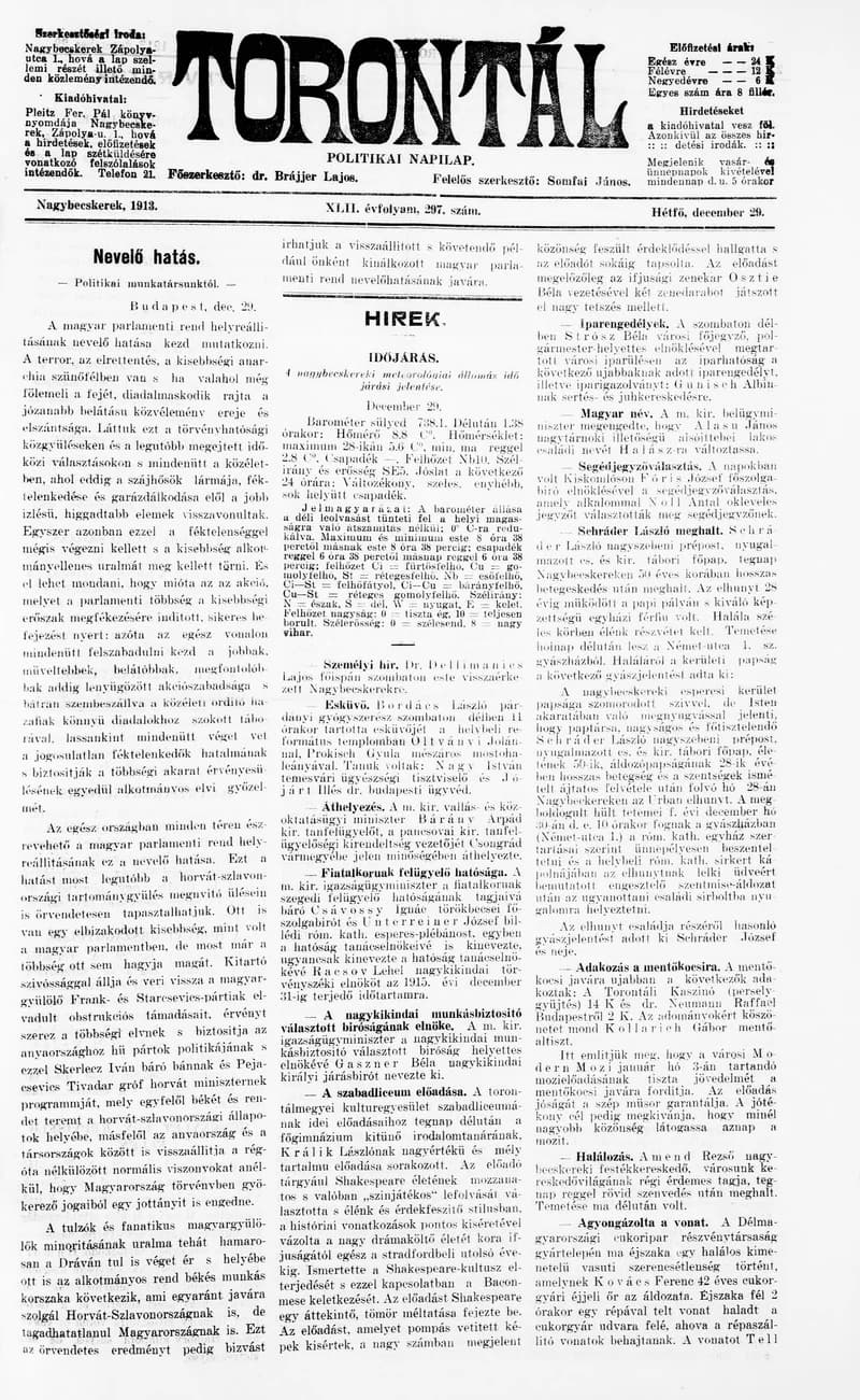 Torontál, 42. évf. 1913. december 29. 297. sz.