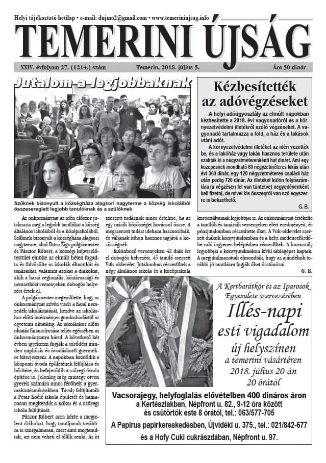 Temerini Újság, 24. évf. 2018. július 5. 27. sz.