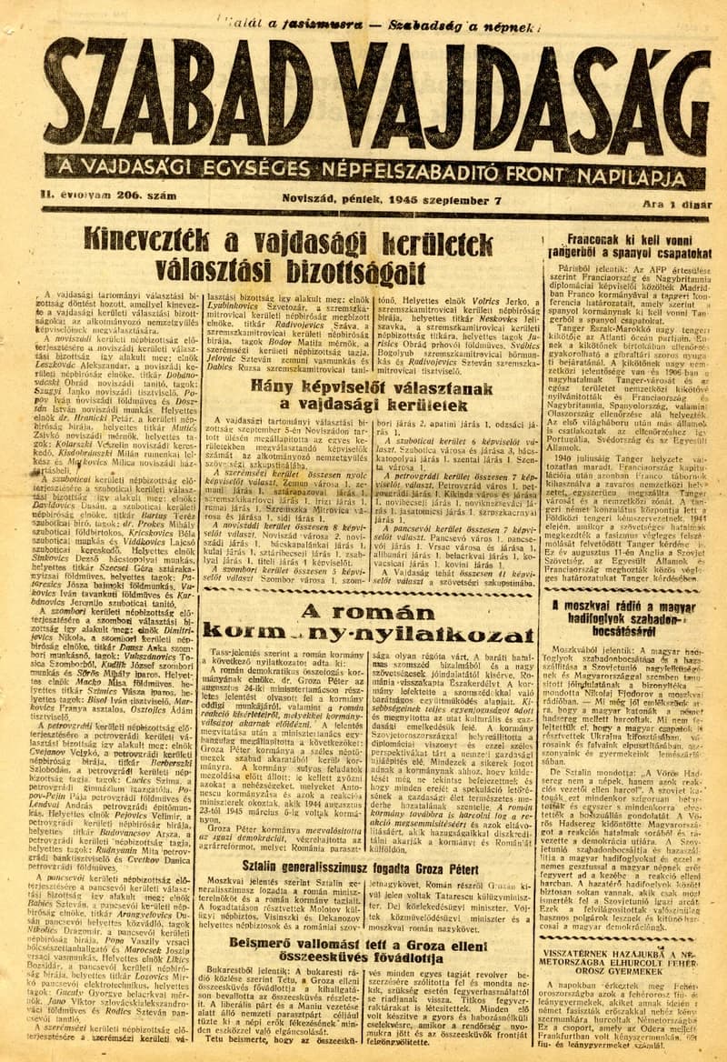 Szabad Vajdaság, 2. évf. 1945. szeptember 7. 206. sz.