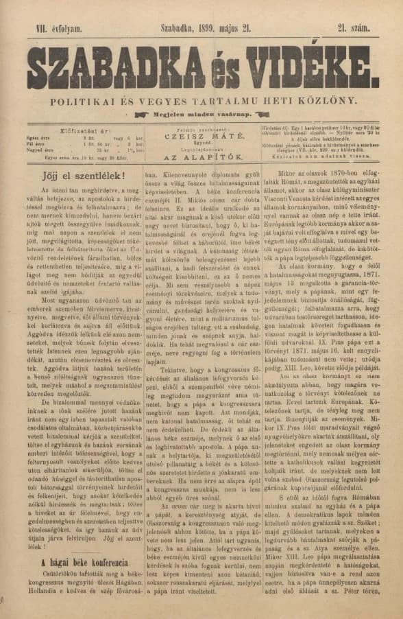 Szabadka és vidéke II, 7. évf. 1899. május 21. 21. sz.