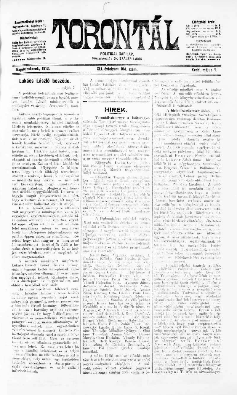 Torontál, 41. évf. 1912. május 7. 104. sz.